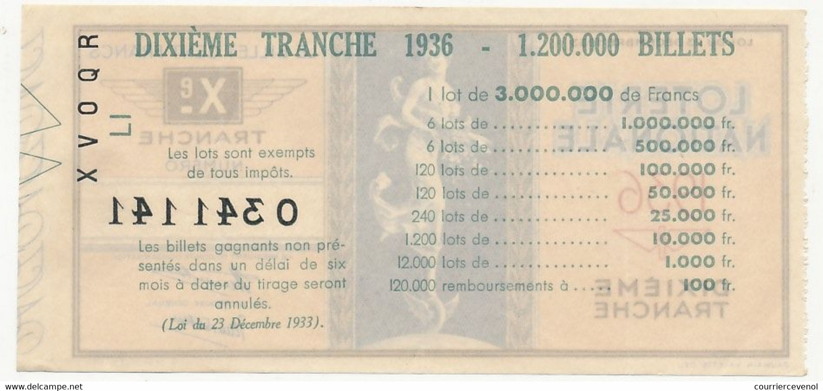 FRANCE - Loterie Nationale - Billet 10eme Tranche 1936 - Billetes De Lotería