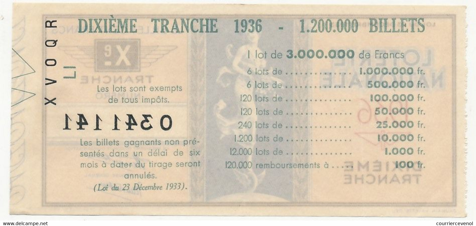 FRANCE - Loterie Nationale - Billet 10eme Tranche 1936 - Lotterielose