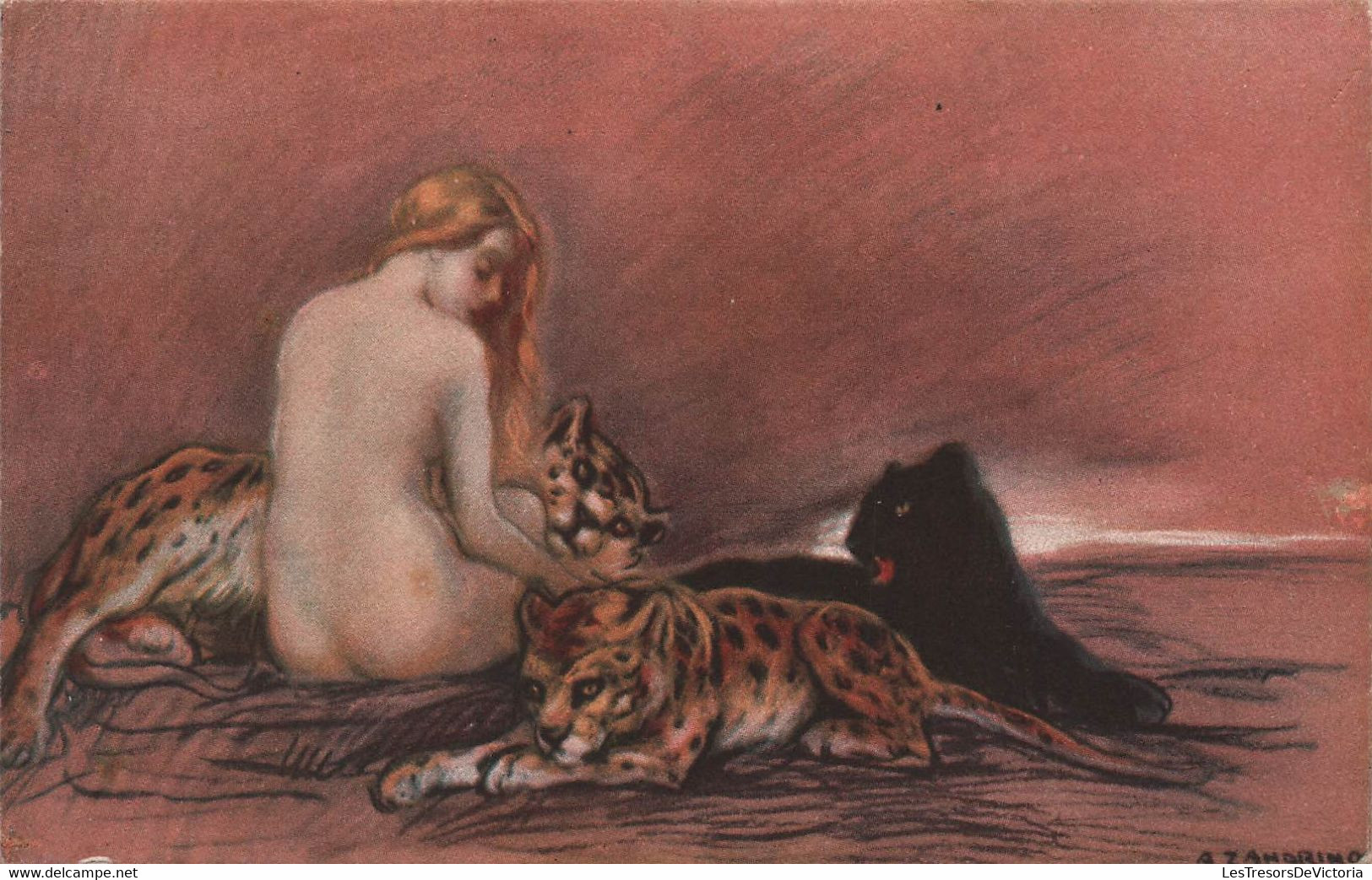 CPA Illustrateur Zandrino - Femme Nue Avec Des Leopards Et Une Panthère Noire - Fauves - Zandrino