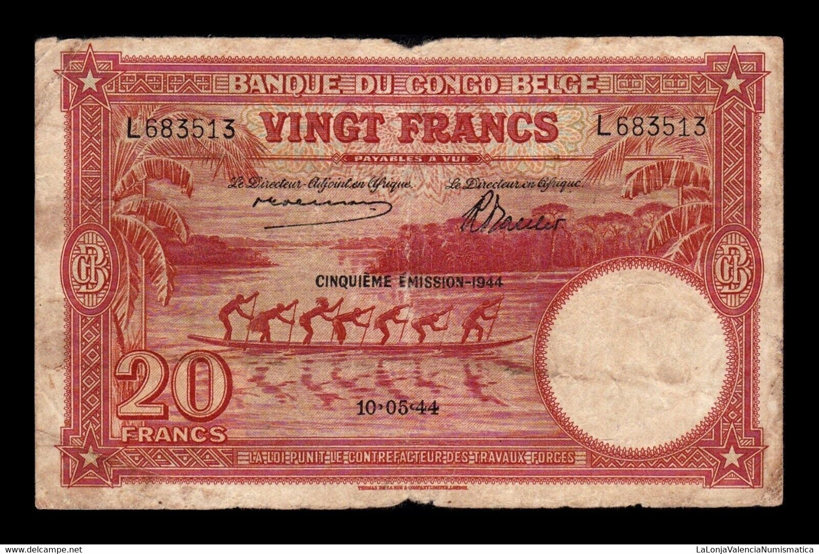 Congo Belga Belgium 20 Francs 1944 Pick 15d RC P - Banca Del Congo Belga