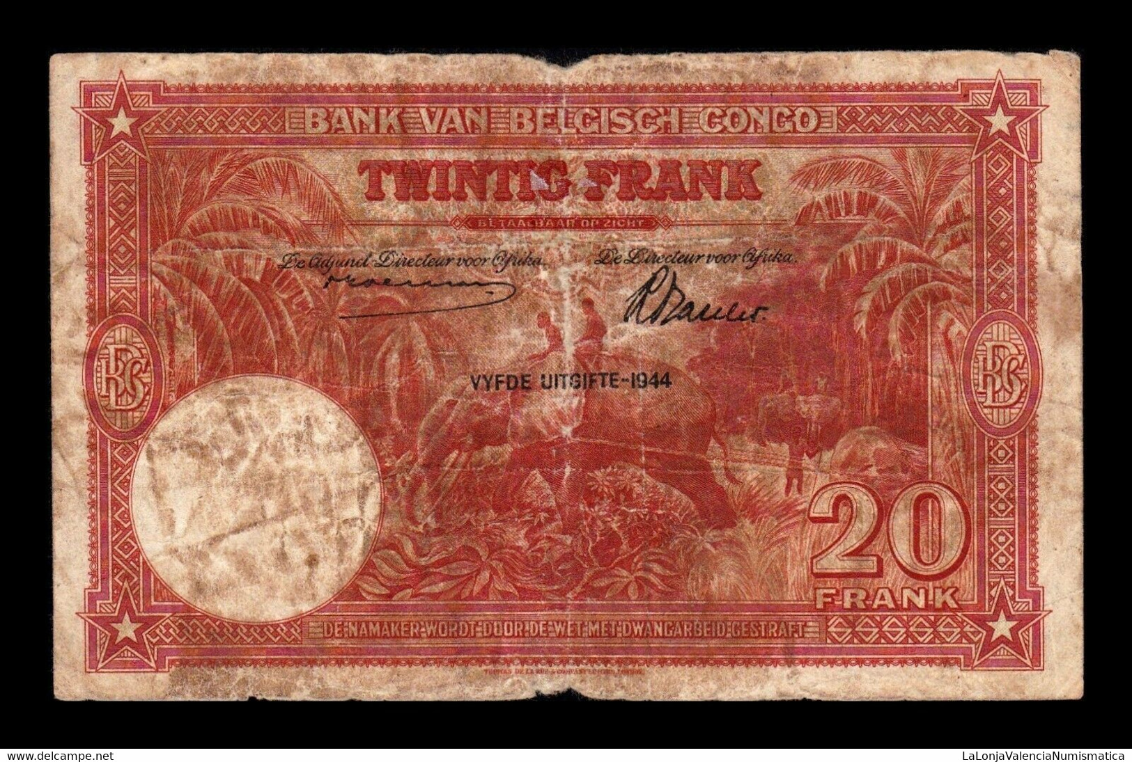Congo Belga Belgium 20 Francs 1944 Pick 15d RC P - Banque Du Congo Belge
