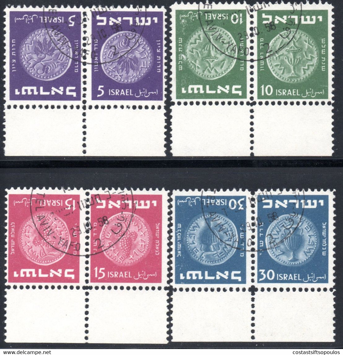 1080 ISRAEL 1949 COINS #21-26 GUTTER TETE BECHE AND TETE BECHE PAIRS,FINE USED - Gebruikt (zonder Tabs)