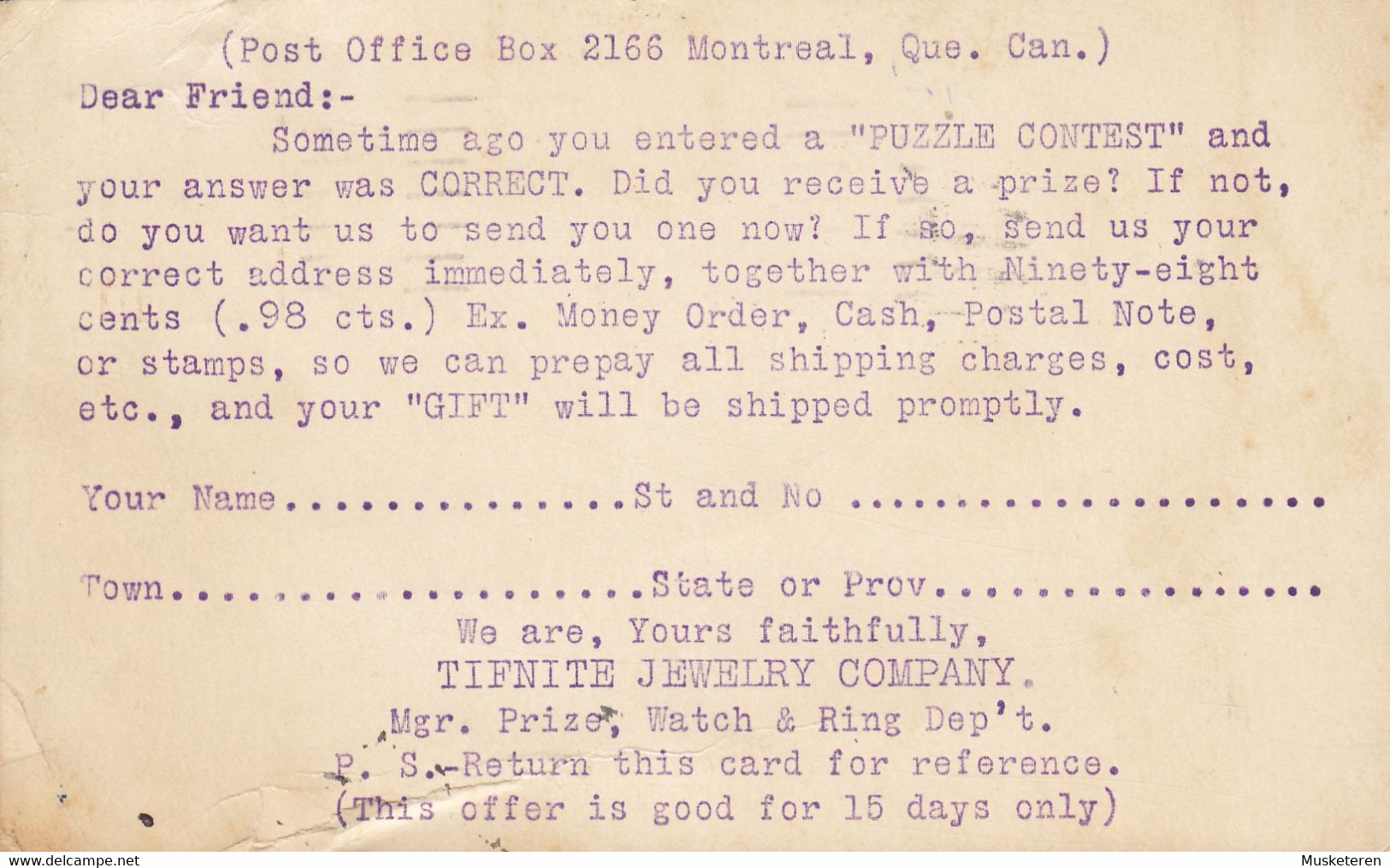 Canada Postal Stationery Ganzsache Entier GV. TIFINITE JEWELRY CO., MONTREAL Ont. NO DATE/YEAR To SUMMERVILLE - 1903-1954 Kings