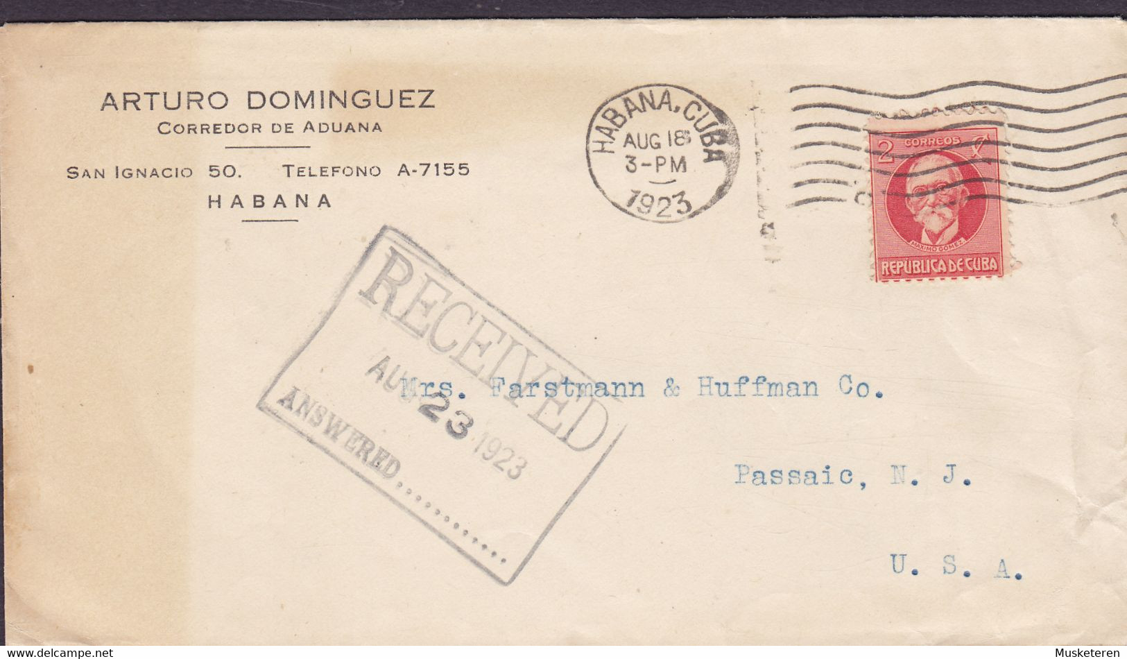Cuba ARTURO DOMINGUEZ, HABANA 1923 Cover Letra PASSIAC New Jersey United States - Lettres & Documents