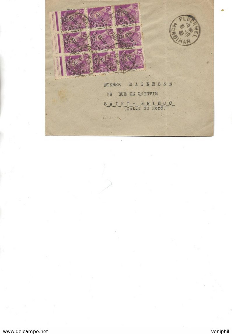 LETTRE AFFRANCHIE N° 78 PREO MERCURE -BLOC DE 9 - OBLITEREE PLOERMEL-MORBIHAN -1943 -AU DOS PUB FOURRURES BOREAL - 1893-1947