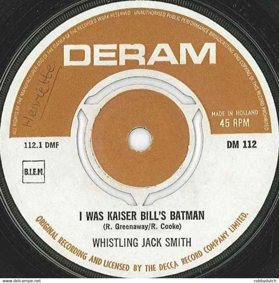 * 7" *  WHISTLING JACK SMITH - I WAS KAISER BILL'S BATMAN (Holland 1967) - Instrumental