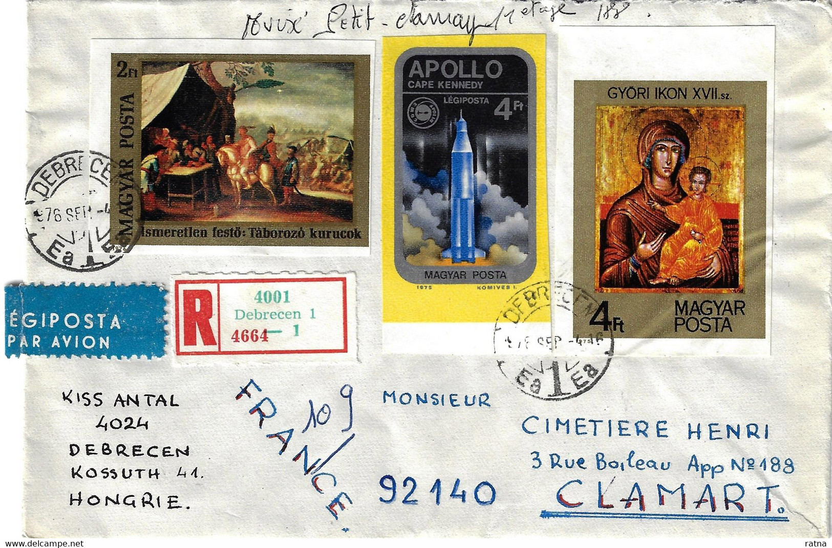 Hongrie, 1976, Lettre Recommandée Pour France. TP Non Dentelés. Peinture, Art, Espace, Apollo, Cap Kennedy, Icone - Briefe U. Dokumente