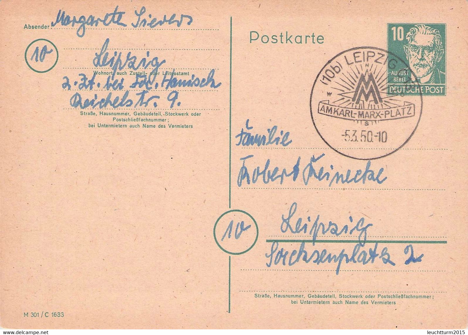 DDR - POSTKARTE 10 PF BEBEL SST MESSE LEIPZIG 1950 / 4-5 - Postkarten - Gebraucht