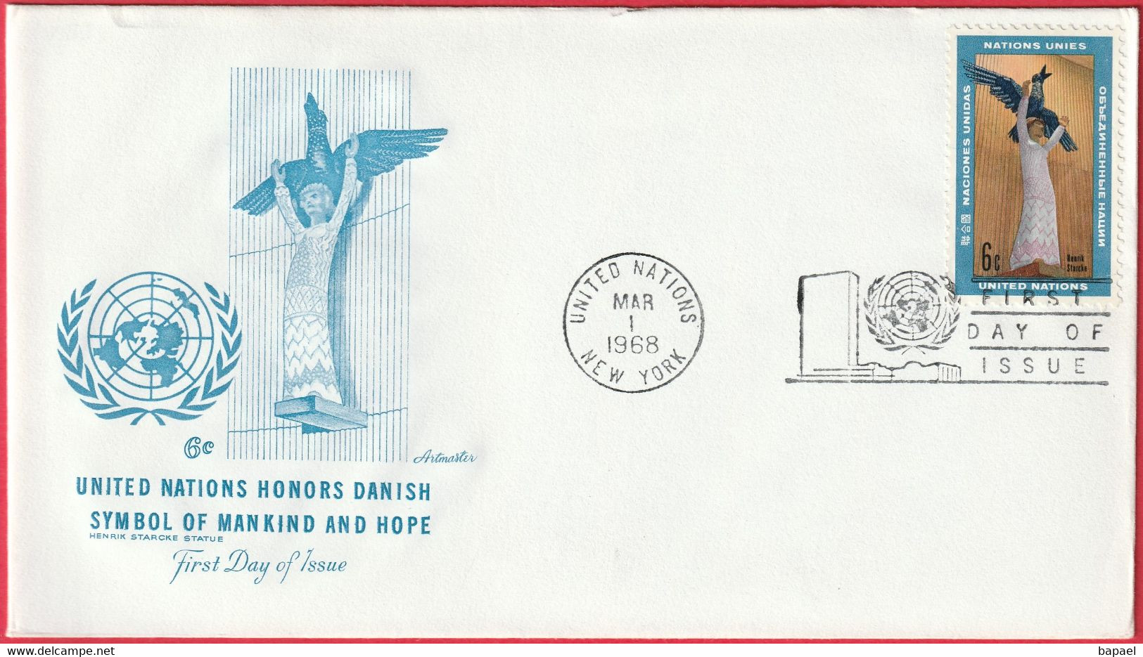 FDC - Enveloppe - Nations Unies - (New-York) (1968) -  Honors Danish Symbol Of Mankind And Hope (1) - Brieven En Documenten