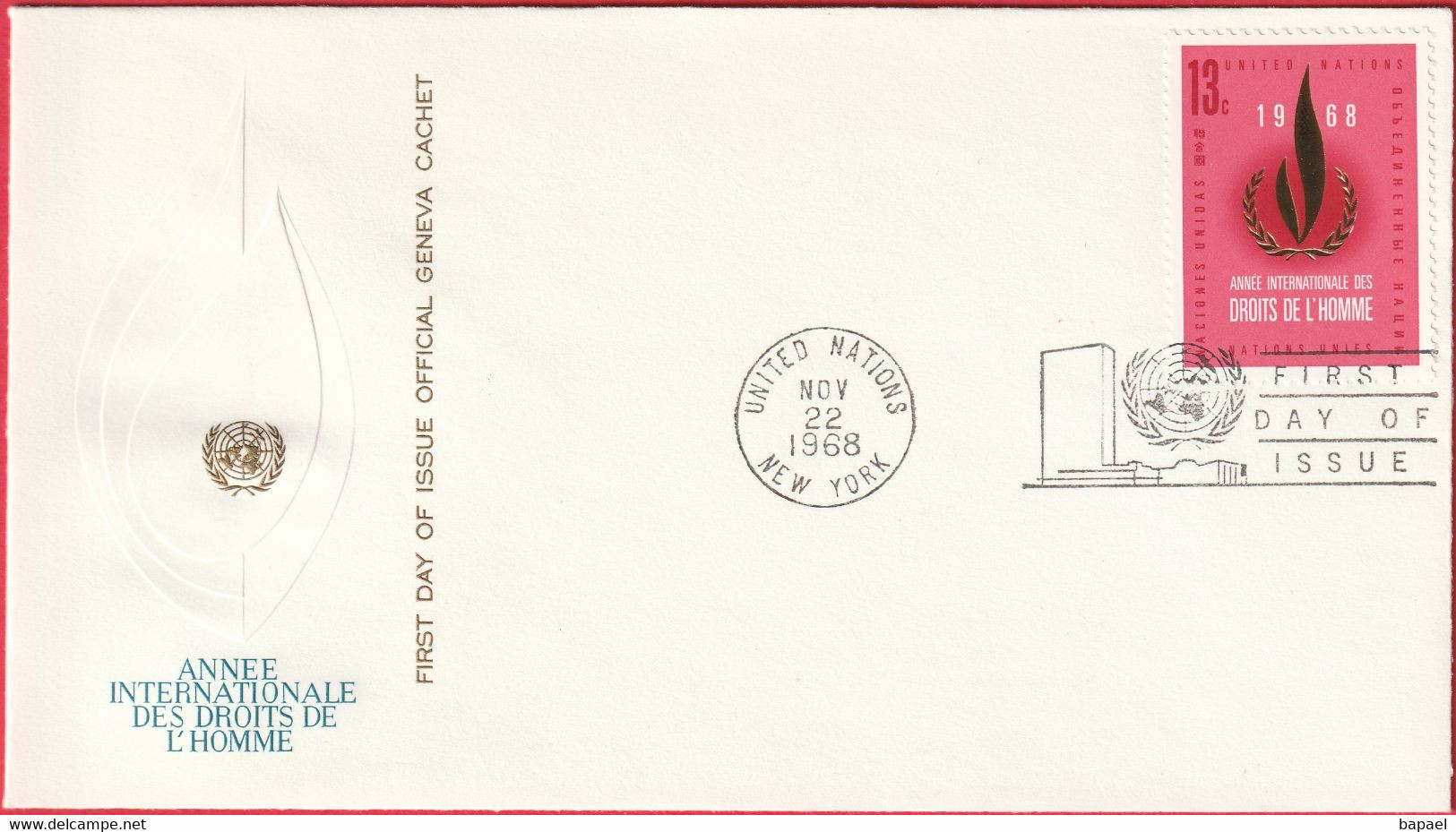 FDC - Enveloppe - Nations Unies - (New-York) (1968) - Année Internationale Des Droits De L'Homme (1) - Brieven En Documenten