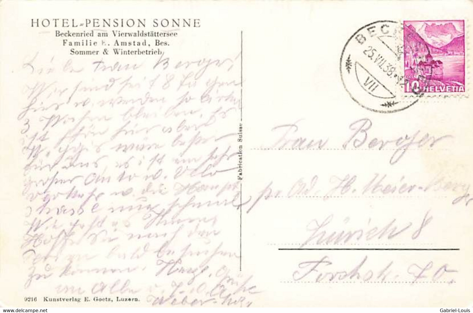 Litho: Hotel Pension Sonne Beckenried 1938 - Beckenried