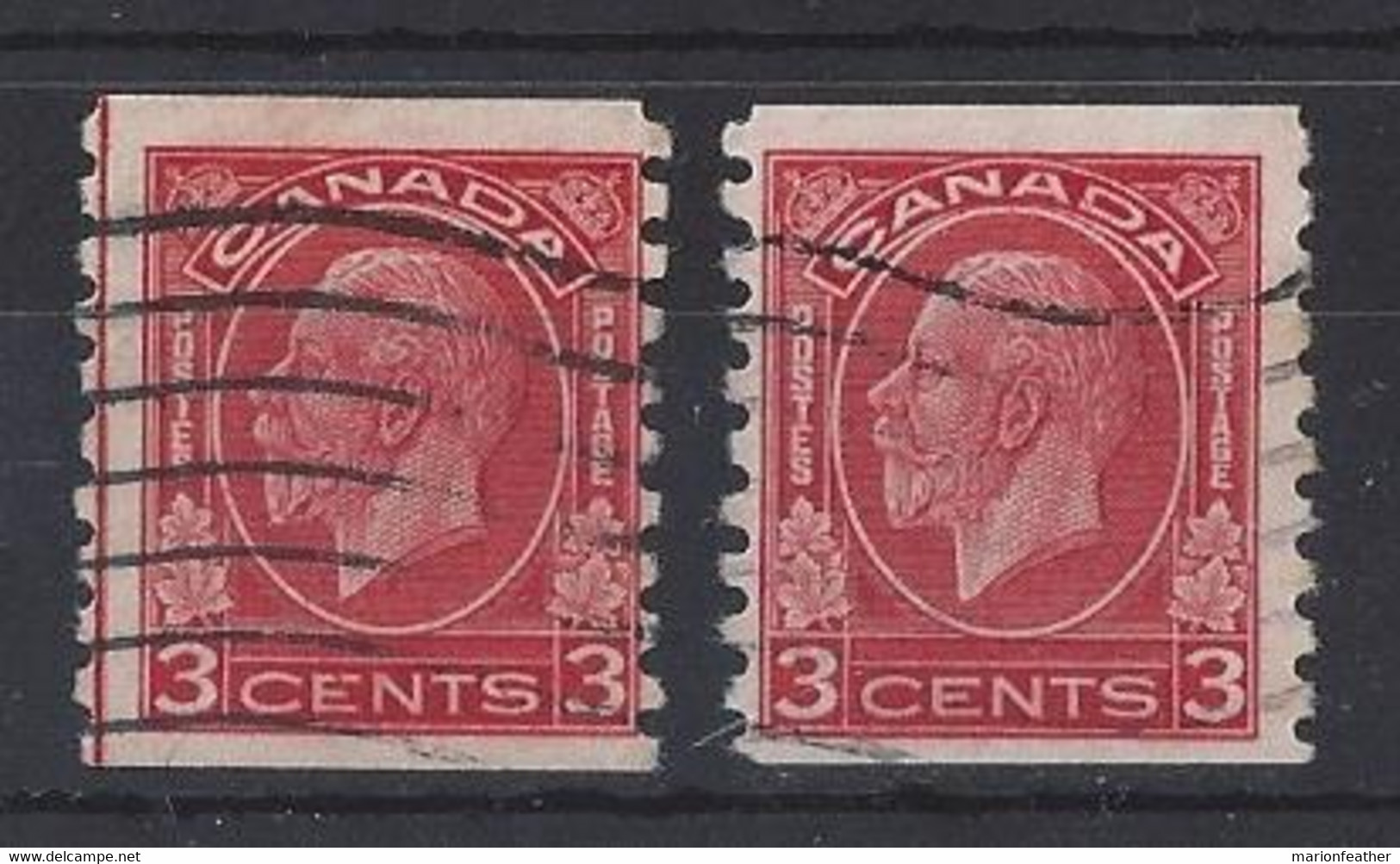 CANADA...KING GEORGE V..(1910-36.)...TWO COIL STAMPS ,ONE SHOWING RED LINE ON LEFT....USED... - Markenrollen