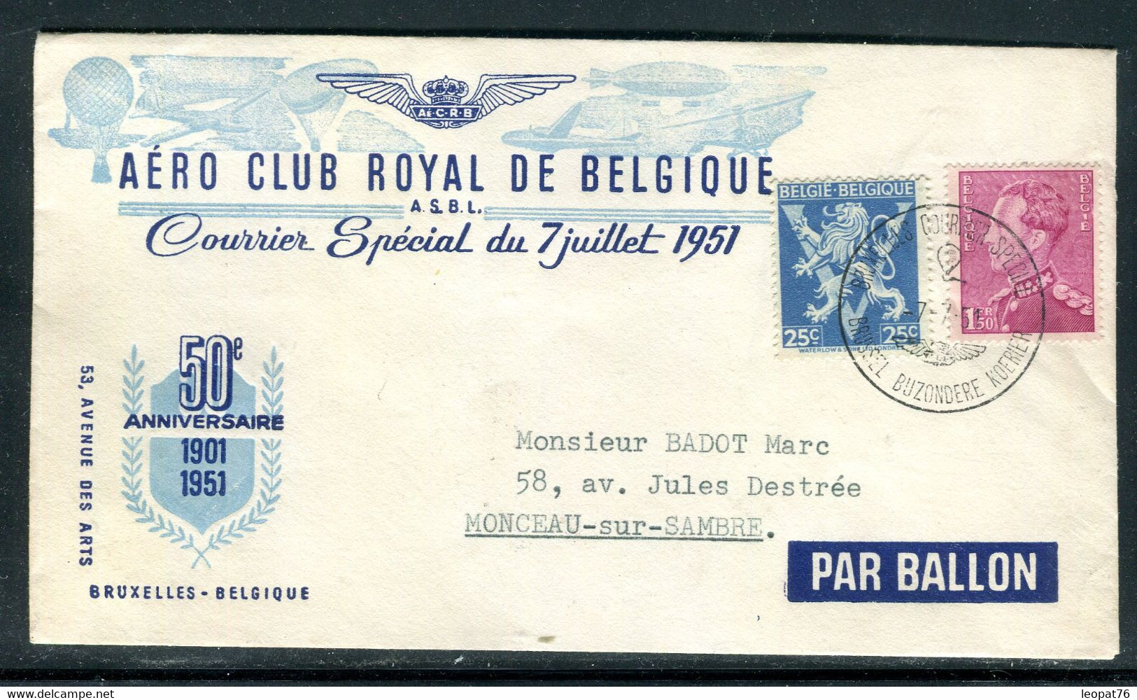 Belgique - Enveloppe "  Courrier Spécial Du 7 Juillet 1951 ", De Bruxelles Par Ballon, Vignette Au Dos  - O 8 - Brieven En Documenten