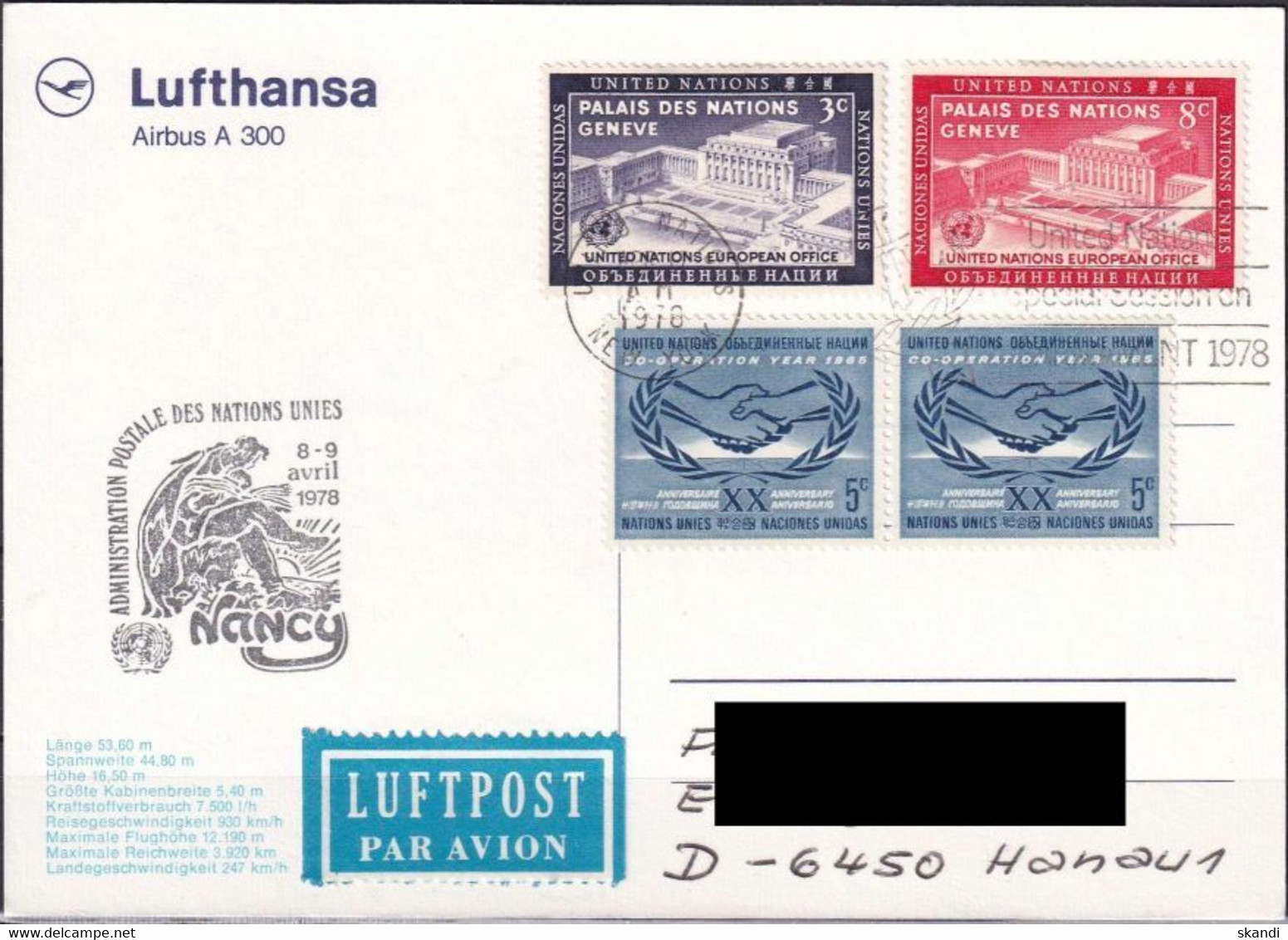 UNO NEW YORK 1978 Postkarte Nancy 78 Lufthansa Airbus A300 - Covers & Documents