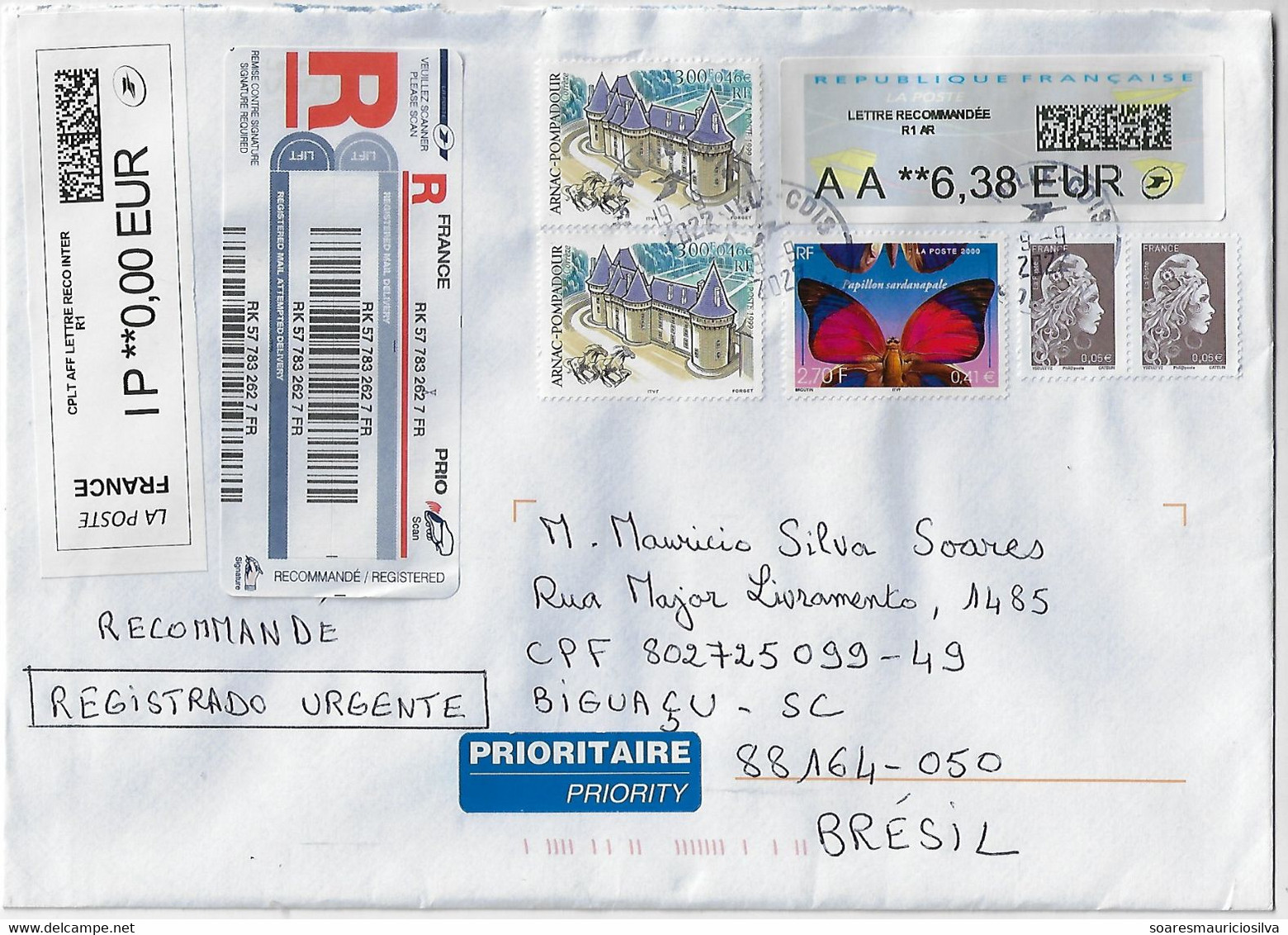 France 2022 Barcode Registered Cover From Naves To Brazil Franking Label ATM Origami Paper Airplane Electronic Sorting - 2000 « Avions En Papier »