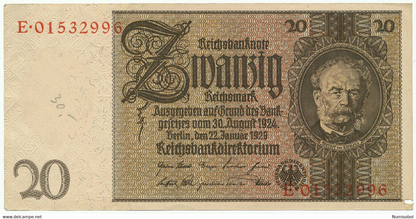 GERMANY, DEUTSCHLAND - 20 Reichsmark 22.1. 1929. P181 Ro174c (D199) - 20 Mark