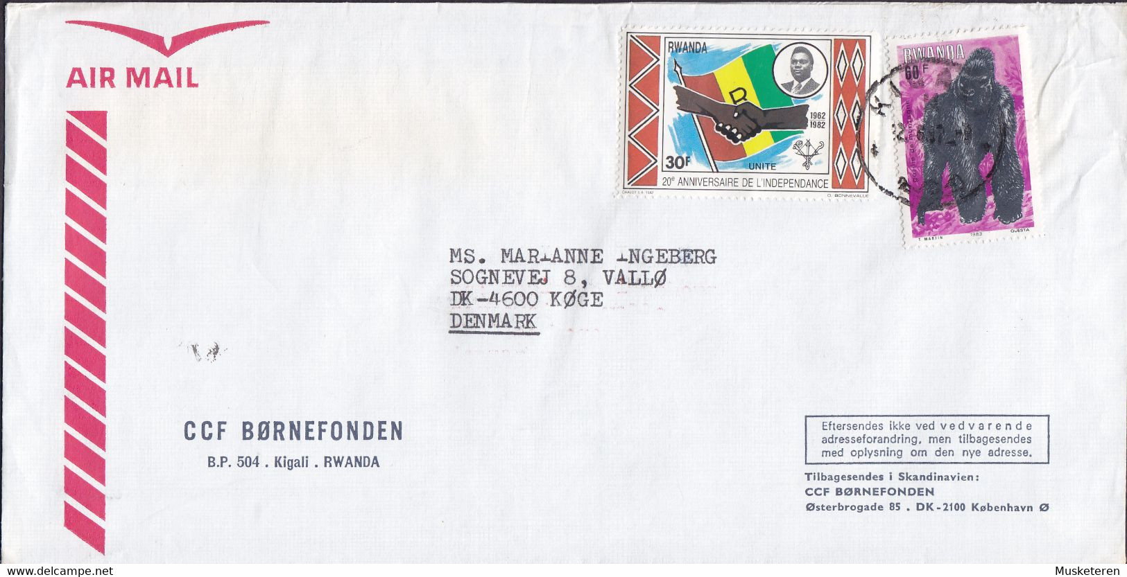 Rwanda Airmail CCF BØRNEFONDEN Deluxe KIGALI 1982? Cover KØGE Denmark Gorilla National Flag - Other & Unclassified