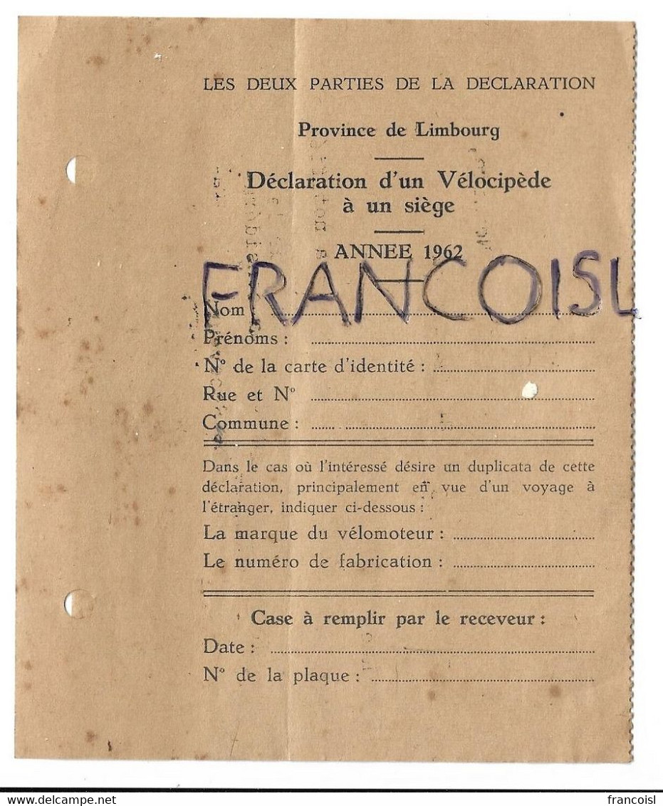 Déclaration D'un Vélocipède à Un Siège. 1962. Province Du Limbourg - Trasporti