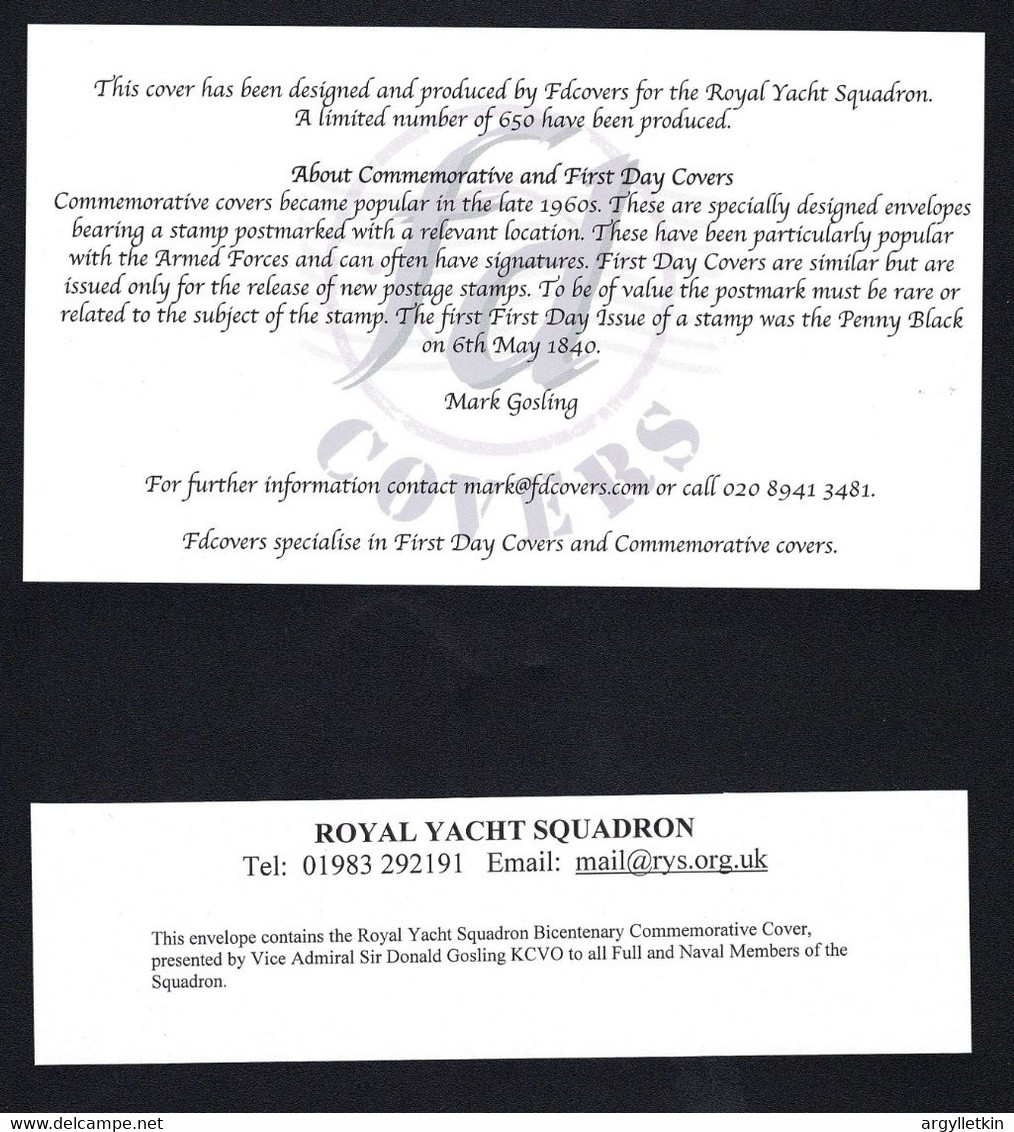 GREAT BRITAIN FDC ROYAL YACHT SQUADRON BICENTENARY 2015 LTD EDITION COWES - 2011-2020 Em. Décimales