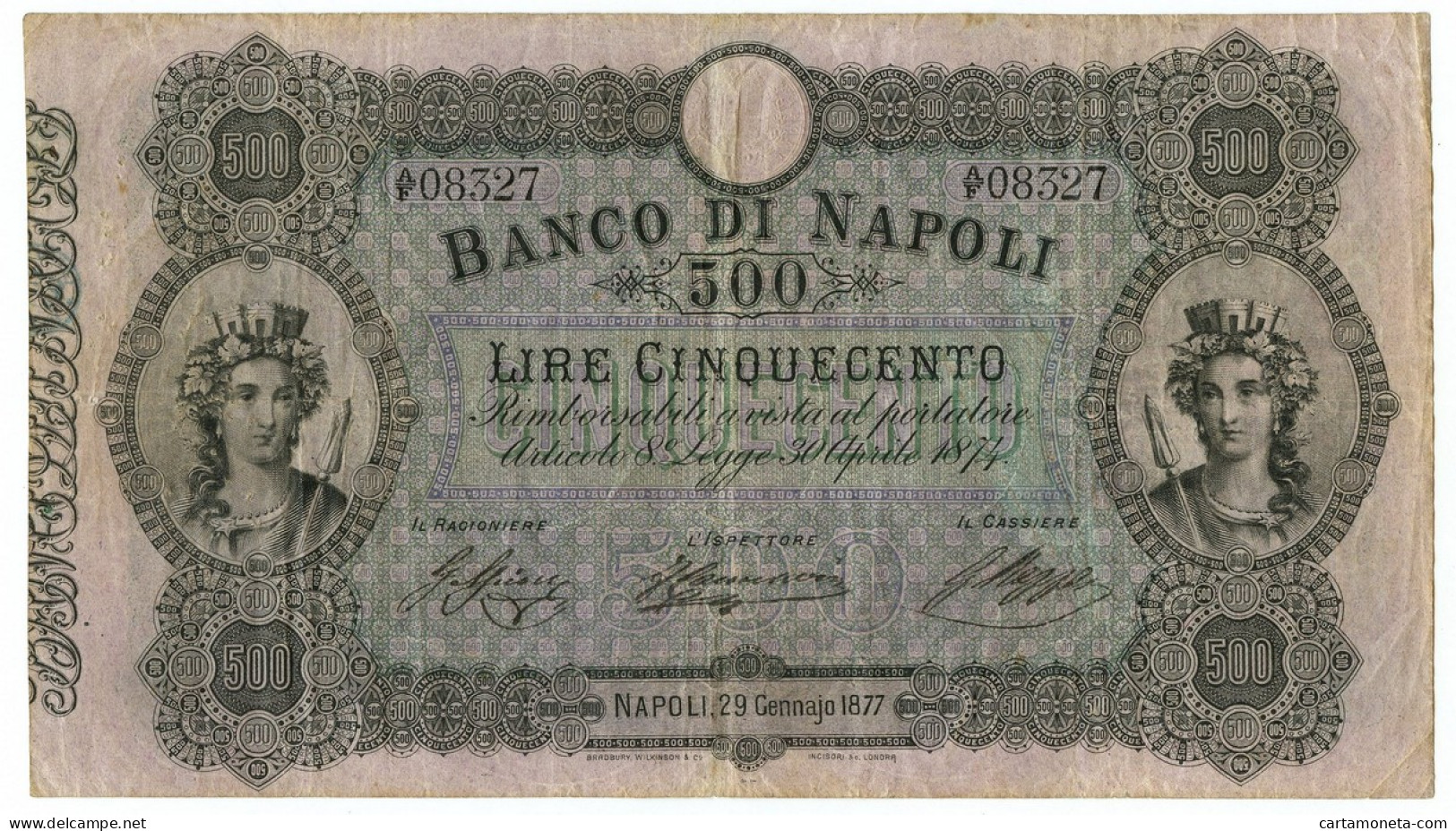 500 LIRE BANCO DI NAPOLI BIGLIETTO AL PORTATORE 29/01/1877 BB - Autres & Non Classés