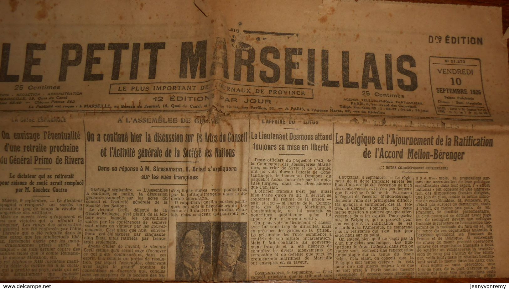 Le petit Marseillais. Dernière édition. Vendredi 10 Septembre 1926.