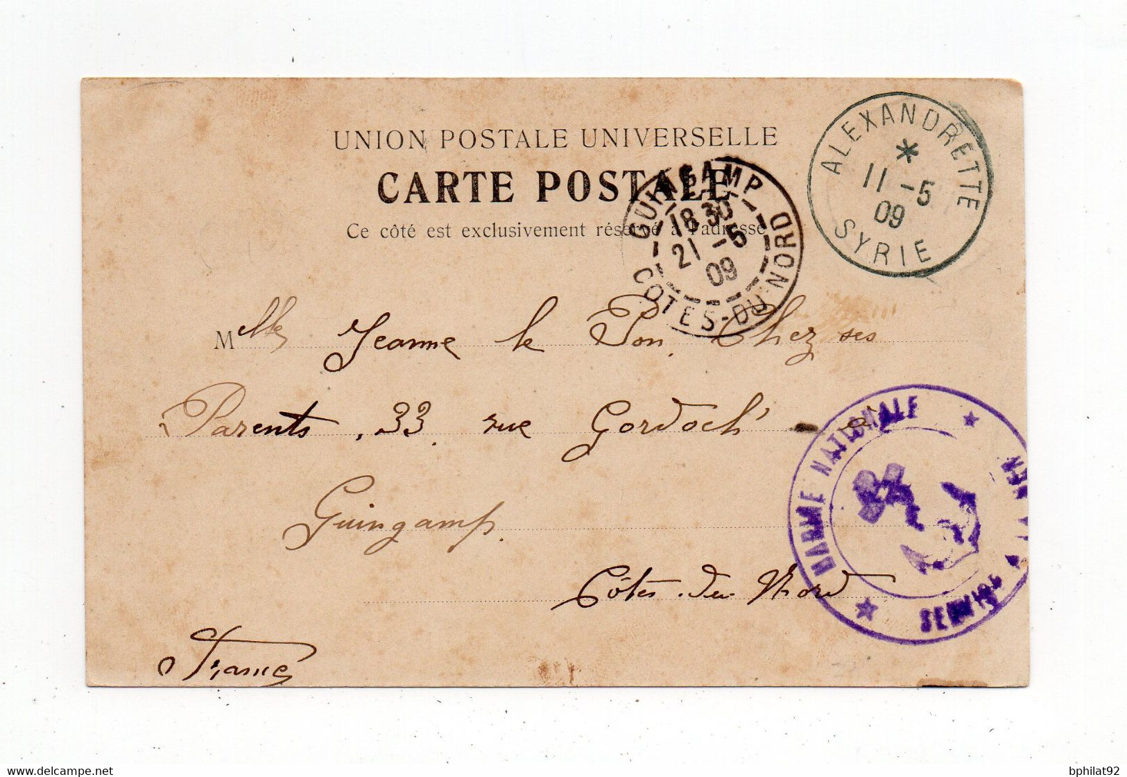 !!! CPA D'ANTIOCHE POUR LA FRANCE, CACHET D'ALEXANDRETTE DU 11/5/1909 - Lettres & Documents
