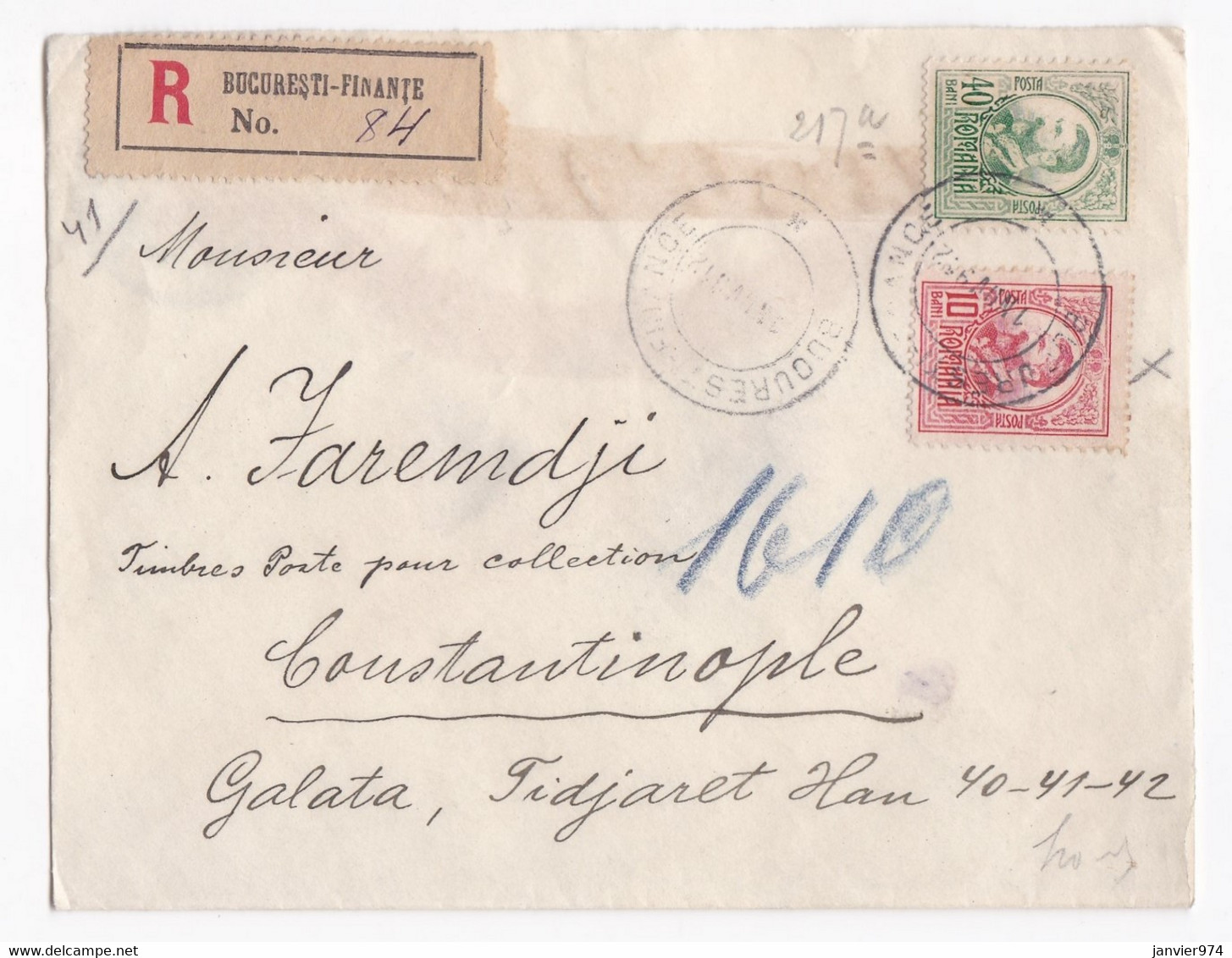 Enveloppe Recommandé Bucuresti-Finante 1912 Pour Constantinople , 2 Timbres - Briefe U. Dokumente