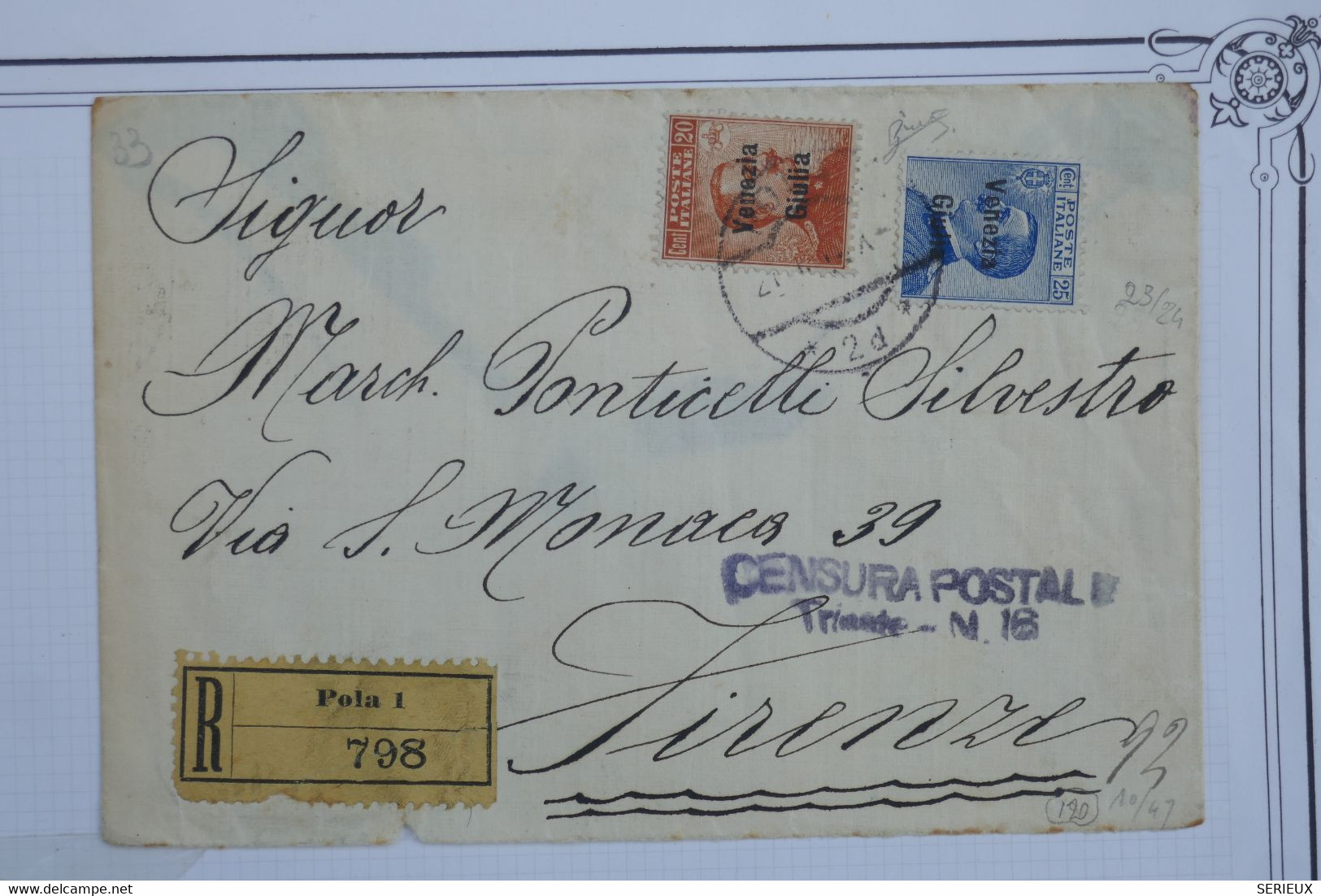 BF8 ITALIA VENEZIA GULIA TERRES RACHETEES  BELLE LETTRE SIGNEE 1919 TRIESTE  A  FIRENZE  +SURCHARGE +CENSURE POSTALE - Venezia Giulia