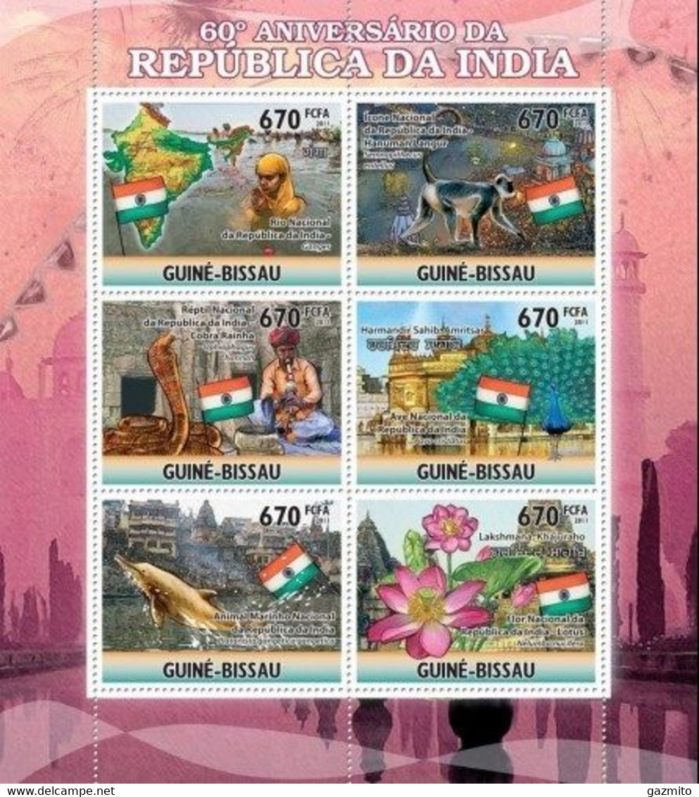 Guinea Bissau 2011, 60th India, Flag, Dolphin, Monkey, Pavon, Snake, 6val In BF - Paons