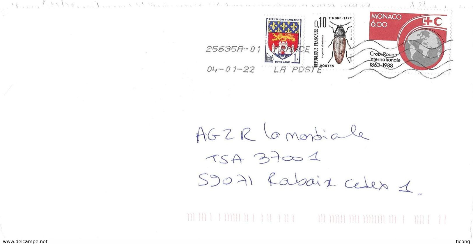 FRANCE 2022 - FLAMME LA POSTE TIMBRE CROIX ROUGE DE MONACO, TIMBRE TAXE INSECTE DE FRANCE, BLASON DE BORDEAUX, A VOIR - Covers & Documents