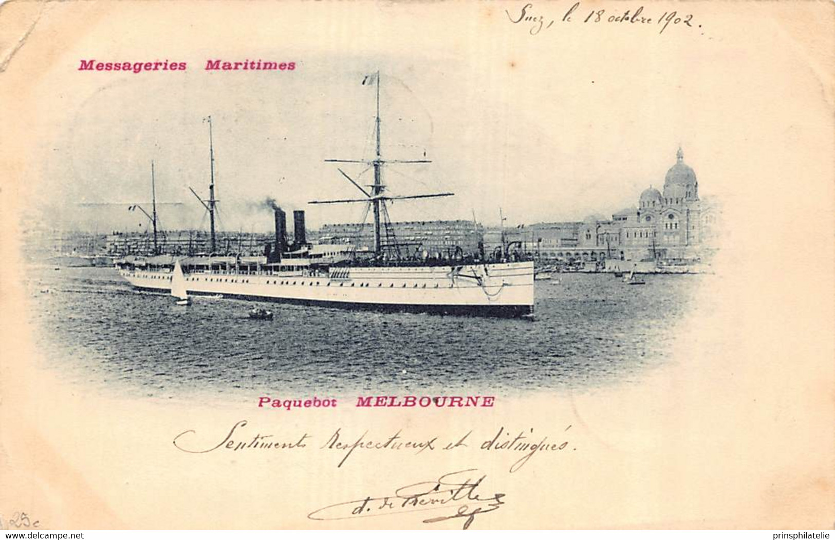 CARTE PAQ MELBOURNE MESSAGERIES MARITIMES AVEC TYPE GROUPE SURCHARGE OBL PORT SAID + CAD MARITIME=> FRANCE COVER - Lettres & Documents