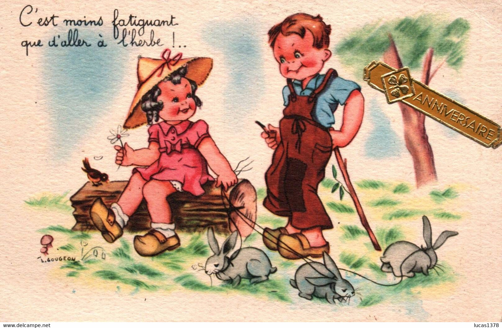 ILLUSTRATEUR GOUGEON . " C EST MOINS FATIGUANT QUE D ALLER A L HERBE " ENFANT PROMENANT EN LAISSE DES LAPINS - Gougeon