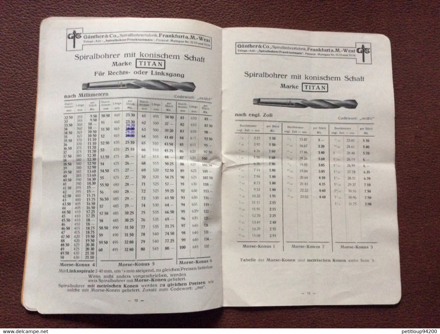CATALOGUE  GUNTHER & Co  Fabrique de Forets Hélicoïdales  SPIRALBOHRER FABRIK  Frankfurt  RFA  Allemagne  ANNEE 1925