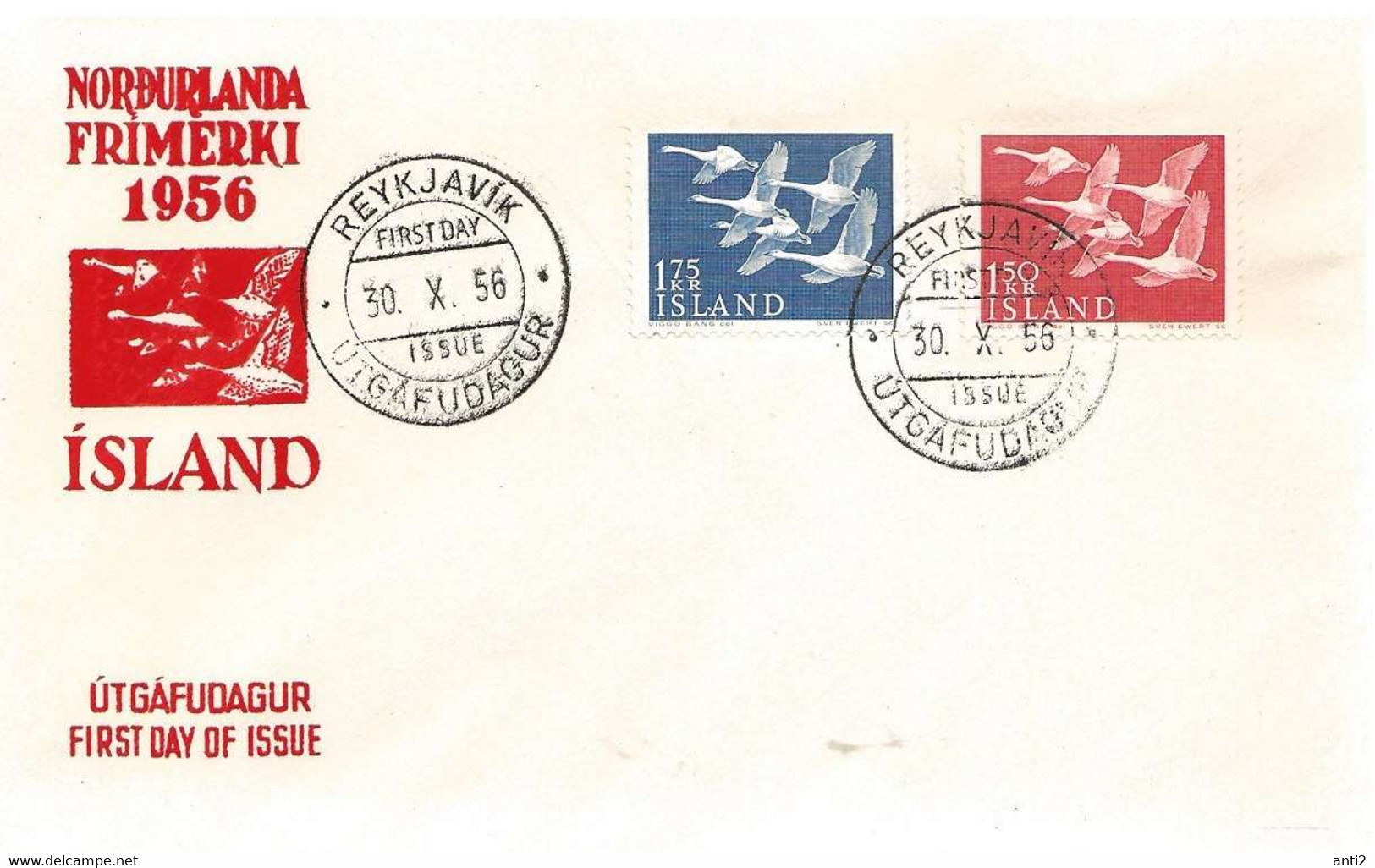 Iceland Island 1956 Norden, Northern Day, Five Whooper Swans (Cygnus Cygnus), Mi  312 - 313, FDC - Covers & Documents