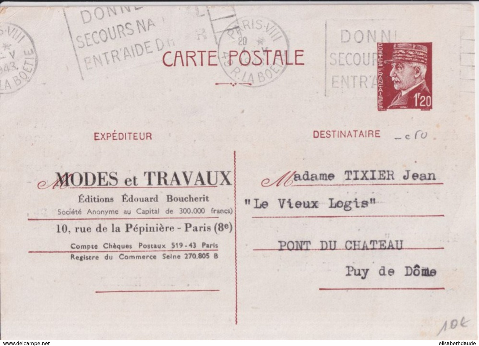 1943 - CARTE ENTIER PETAIN REPIQUEE De MODES ET TRAVAUX à PARIS - DOUBLE MECA "SECOURS NATIONAL" - Overprinter Postcards (before 1995)