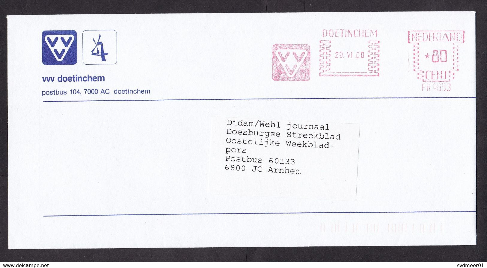 Netherlands: Cover, 2000, Meter Cancel, VVV Tourism Office Doetinchem, Logo (traces Of Use) - Covers & Documents