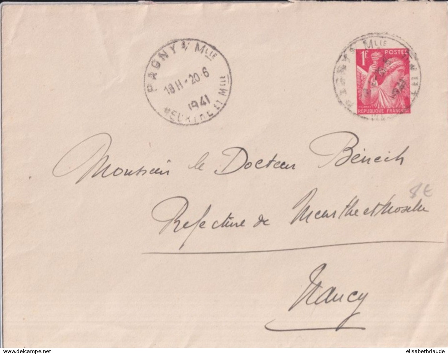 1941 - IRIS - ENVELOPPE ENTIER De PAGNY SUR MOSELLE => NANCY - Buste Postali E Su Commissione Privata TSC (ante 1995)