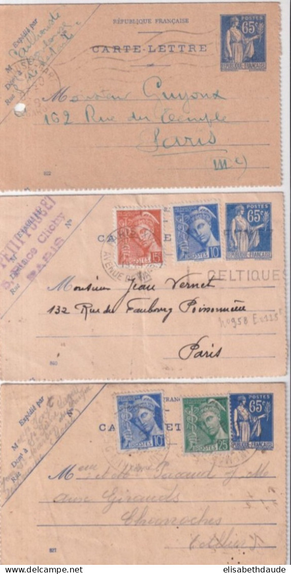 1938/1940 - PAIX - 3 CARTES-LETTRE 65c Dont 2 Avec COMPLEMENT MERCURE - Letter Cards