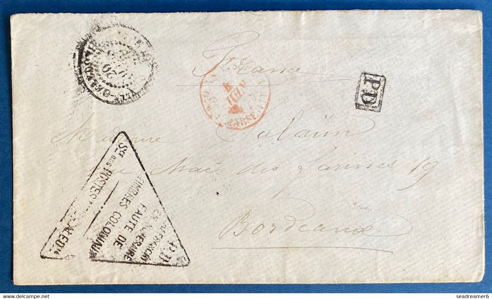 Lettre 1878 Càd Nlle CALEDONIE NOUMEA Triangle AFFRANCHI EN NUMERAIRE FAUTE DE TIMBRES COLONIAUX Pour Bordeaux Rare - Lettres & Documents