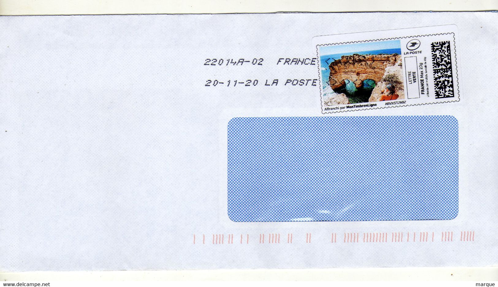 Enveloppe FRANCE Avec Vignette Affranchissement Lettre Verte Oblitération LA POSTE 22014A-02 20/11/2020 - 2010-... Illustrated Franking Labels