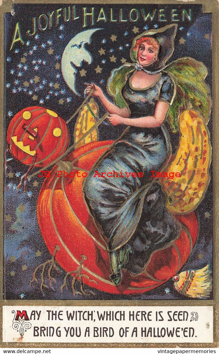 344637-Halloween, Unknown No B37-5, Witch Flying JOL Lighted Pumpkin Broom - Halloween