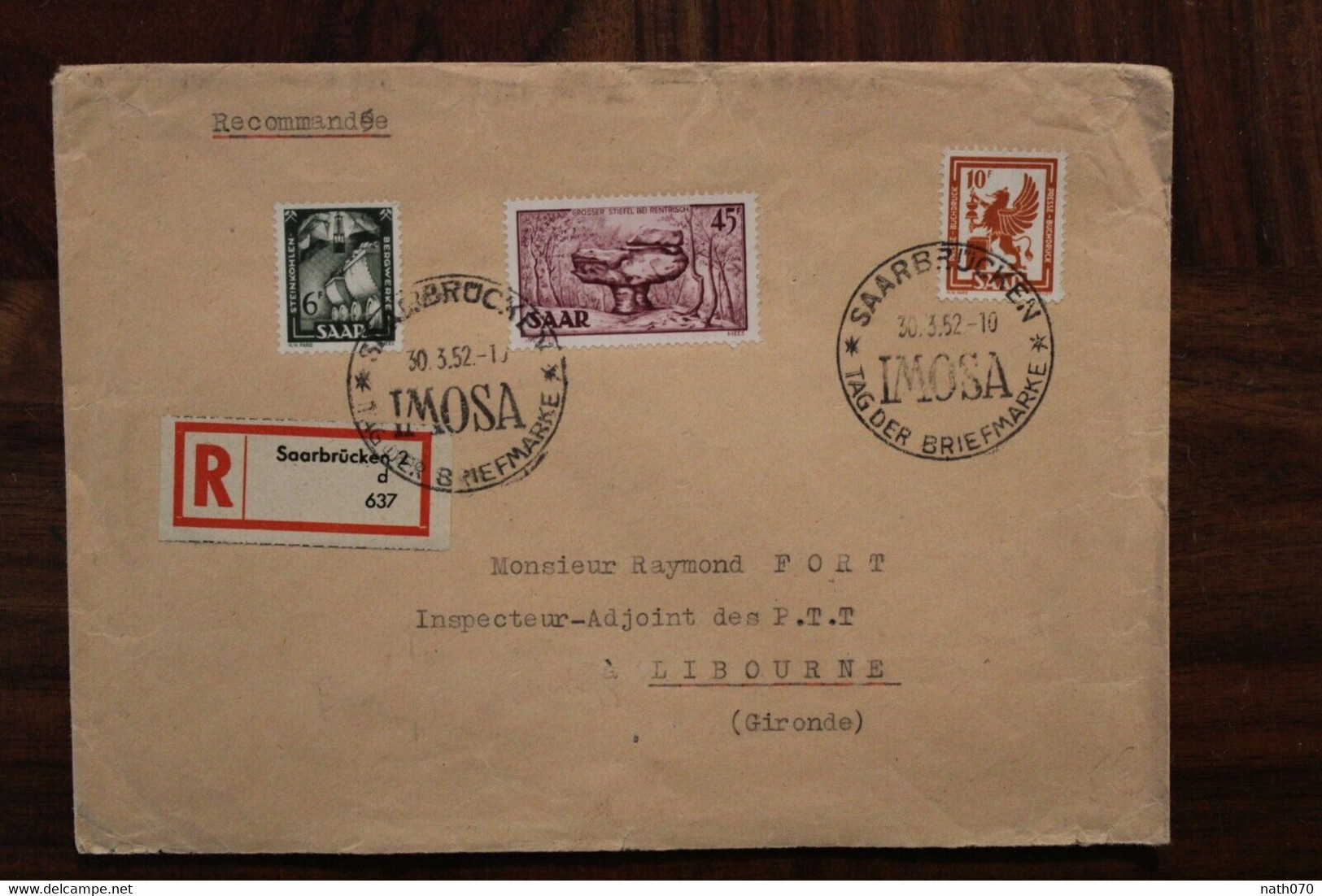 1952 IMOSA Saar Region Letter Saarbrücken Cover Saar France Registered Letter Libourne - Briefe U. Dokumente