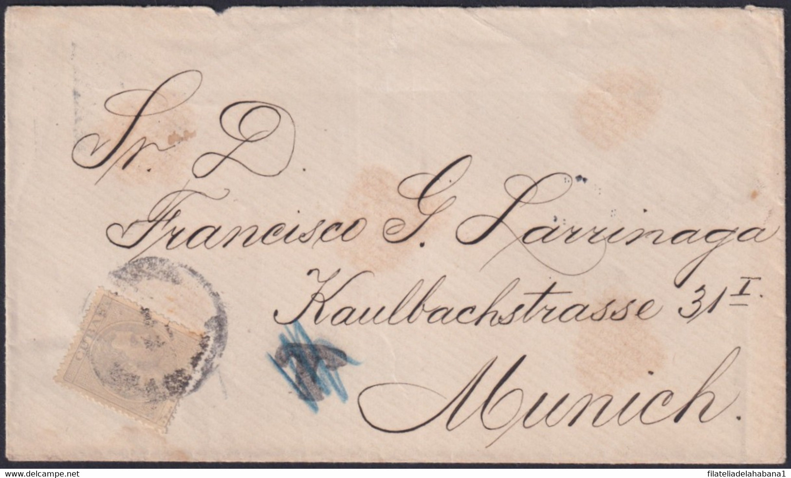 1884-H-75 CUBA ESPAÑA SPAIN 1884 ALFONSO XII COVER 1889 HABANA TO MUNICH GERMANY POSTAGE DUE. - Prephilately