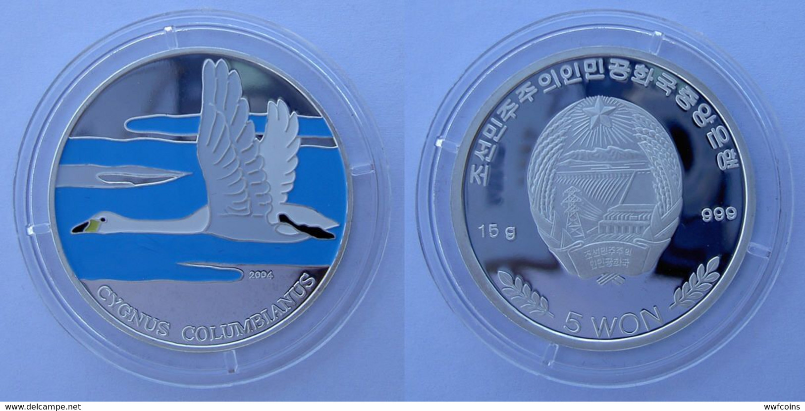 KOREA 5 W 2004 ARGENTO PROOF SILVER 999 CIGNO COLOMBIANO BIRD UCCELLI WILDLIFE COLOURED PESO 15g TITOLO 0,999 CONSERVAZI - Korea, North