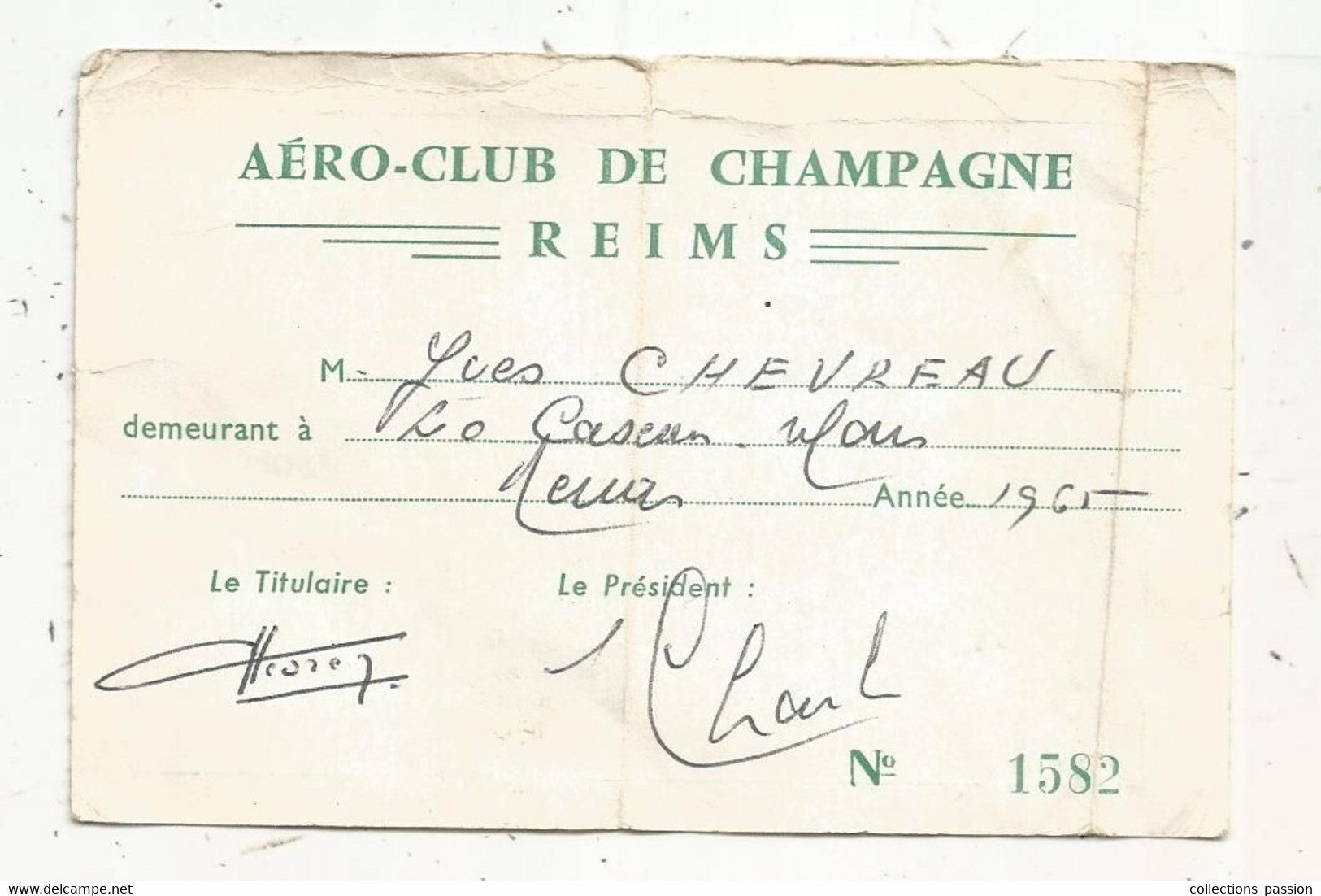 Carte De Membre Adhérent, AERO-CLUB De CHAMPAGNE, REIMS , 1965 - Cartes De Membre