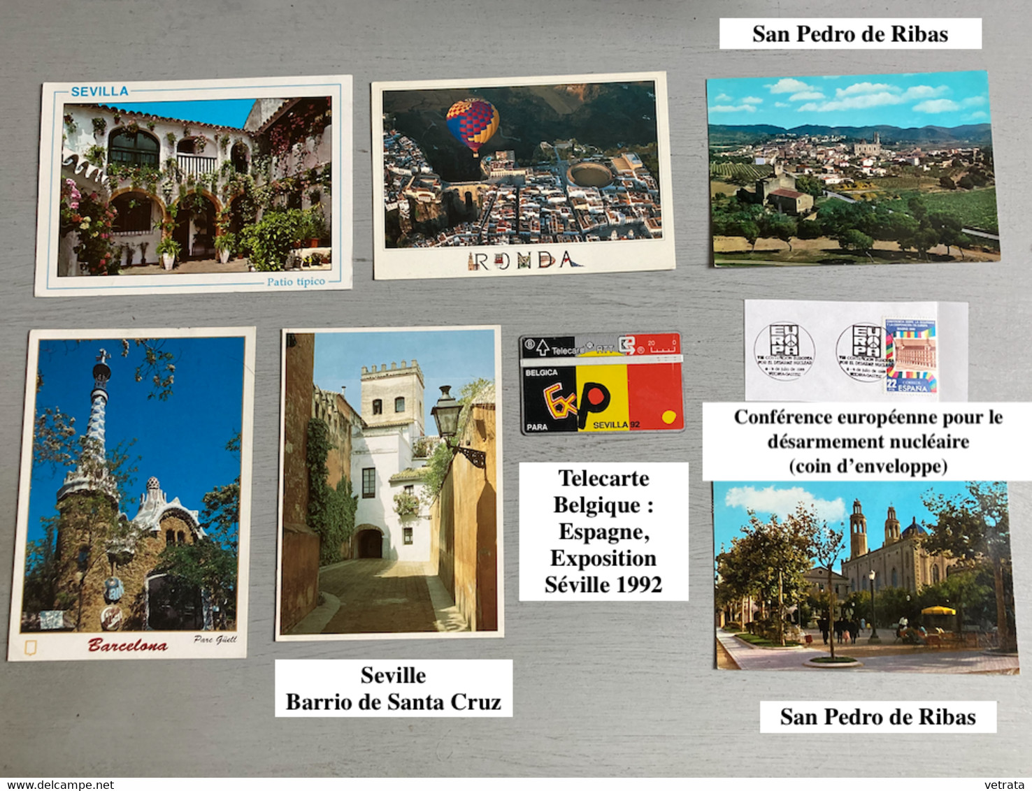 ESPAGNE : 84 articles = 8 enveloppes philatéliques/49 timbres obliétéres/20 pièces de monnaie/6 cartes postales & 1 Cart