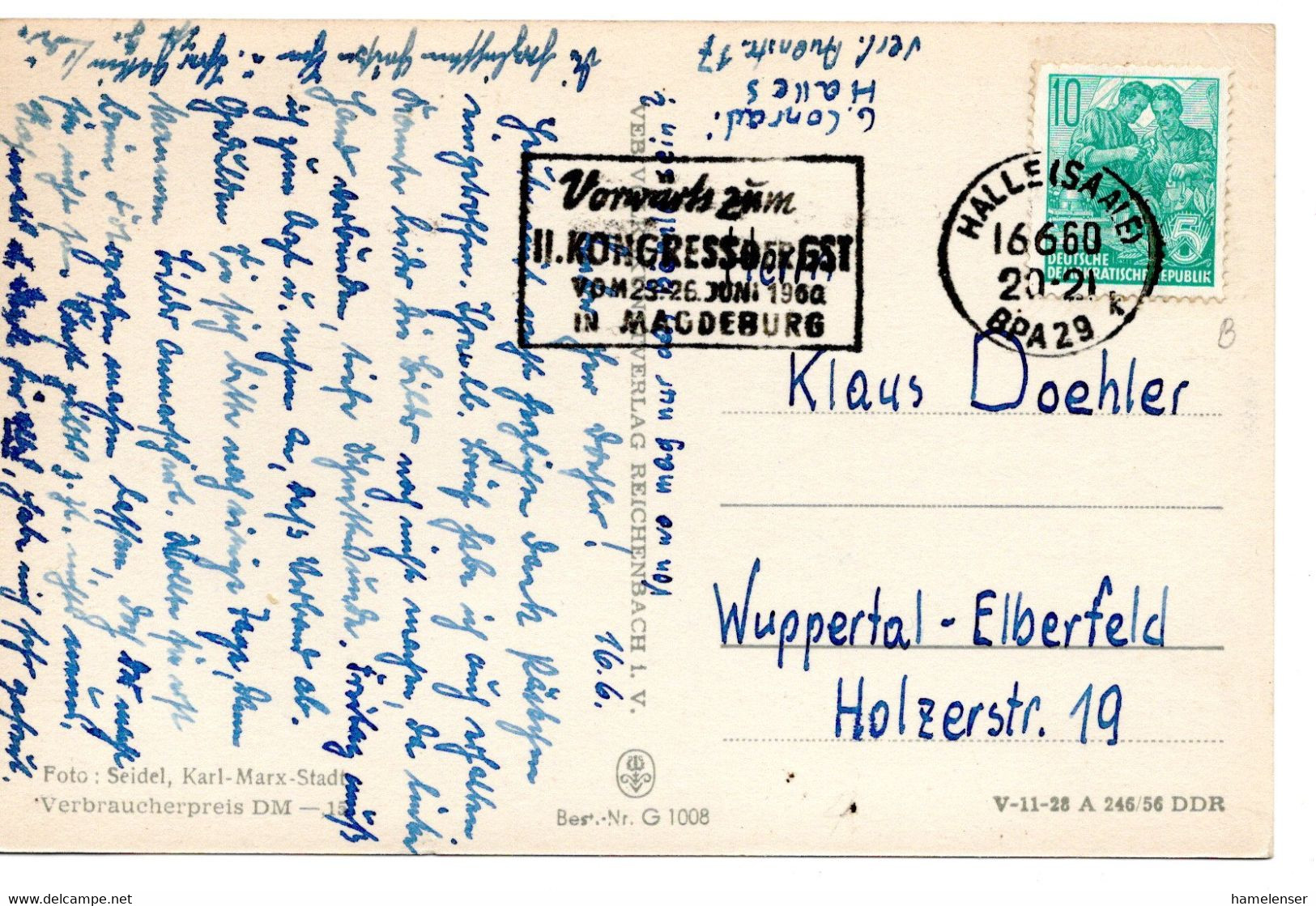 55022 - DDR - 1960 - 10Pfg Fuenfjahrplan EF A AnsKte HALLE - ... II. KONGRESS DER GST ... -> Westdeutschland - Briefe U. Dokumente