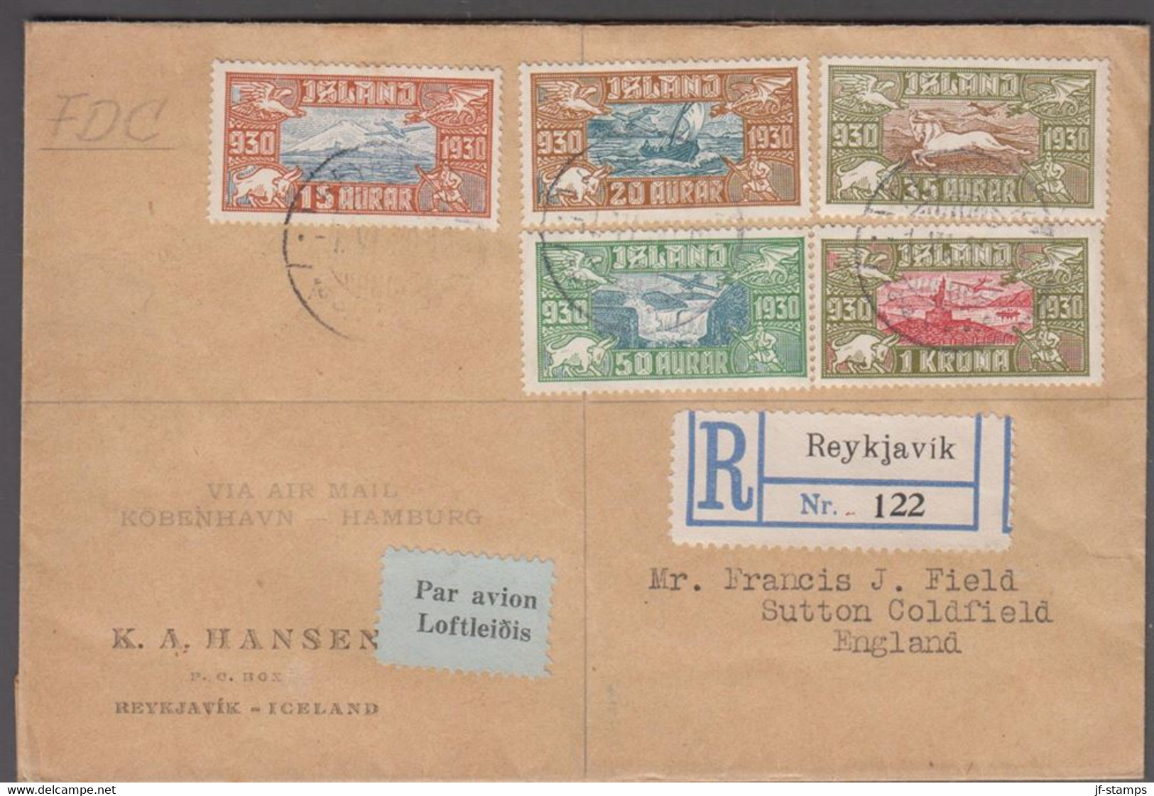 1930. ISLAND. Alltinget. Air Mail. Complete Set Of 5 On Very Rare FDC Cancelled First Day... (Michel 142-146) - JF524808 - Lettres & Documents