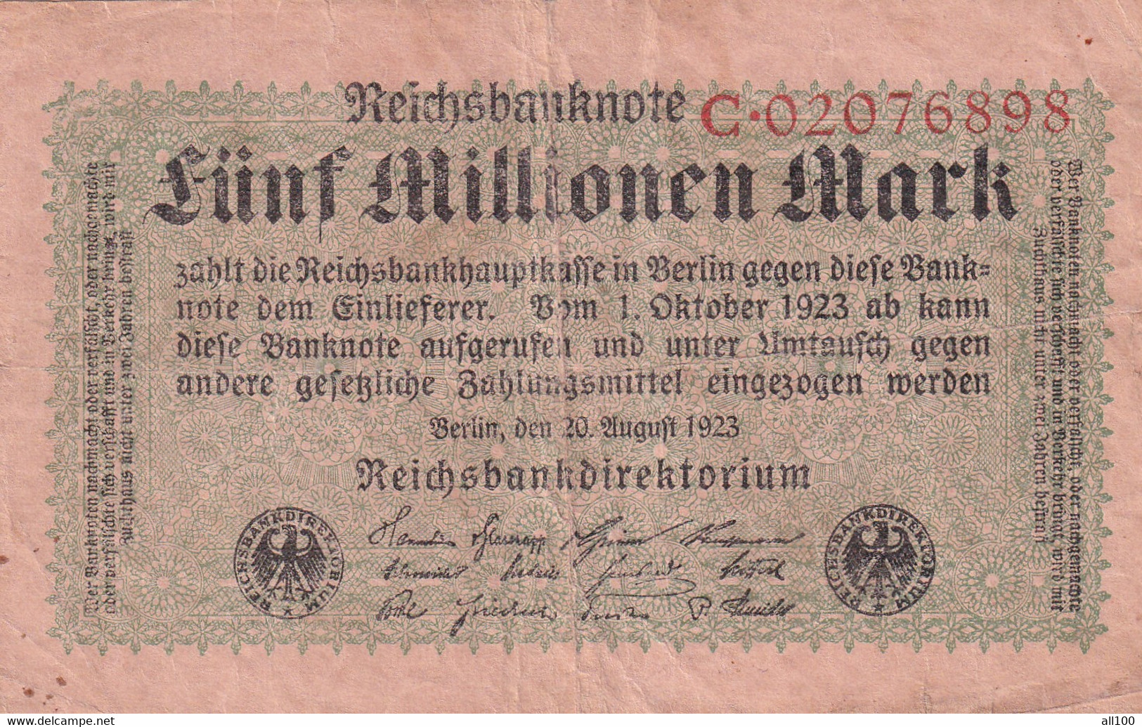 5 MILLIONEN MARK FUNF MILLIONEN MARK GERMANY 1923 REICHSBANKNOTE REICHSBANKDIREKTORIUM C02076898 - 5 Millionen Mark