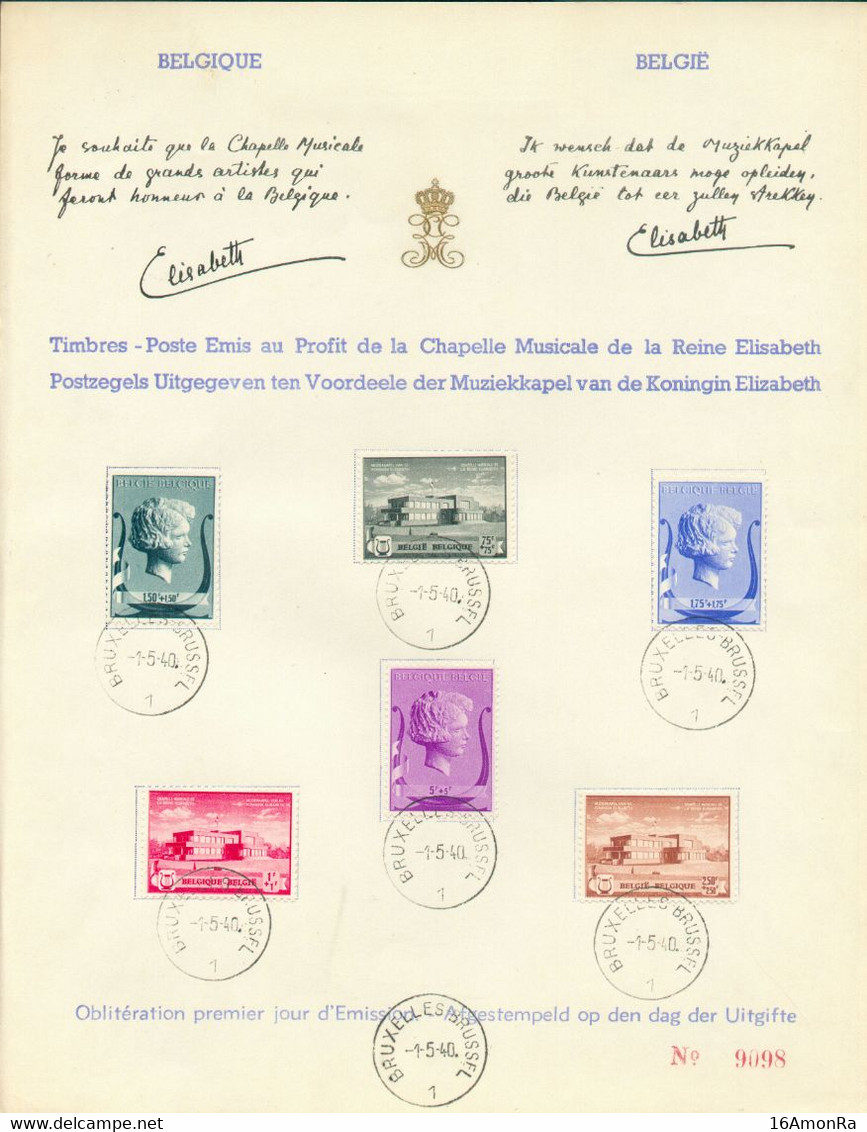 N°532/537 - Série CHAPELLE MUSICALE REINE ELISABETH Sur Feuillet 1 Jour Avec Signature De La Reine 1-5-1940, Numéroté 90 - Covers & Documents